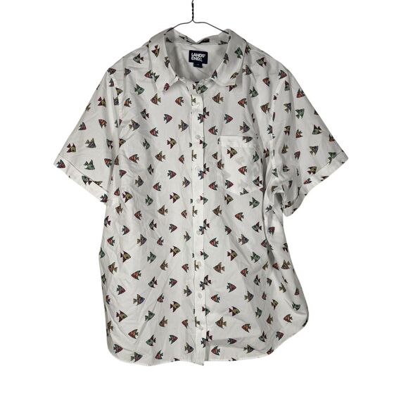 Lands End Womens No Iron Supima White Fish Shirt Sz 1X Button Up Casual - Picture 1 of 8